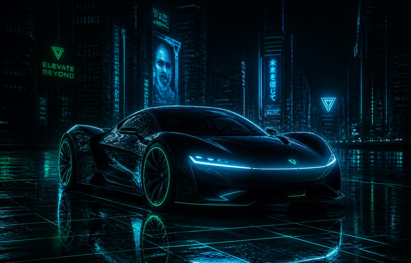 Futuristic electric car in a neon city